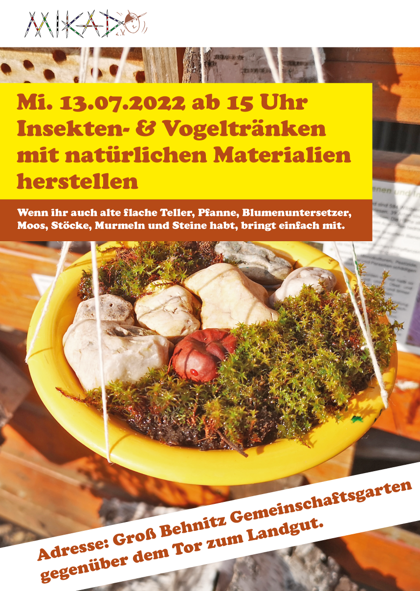 Insekten- & Vogeltränken mit natürlichen Materialien herstellen am 13.07.22 ab 15 Uhr in Groß Behnitz