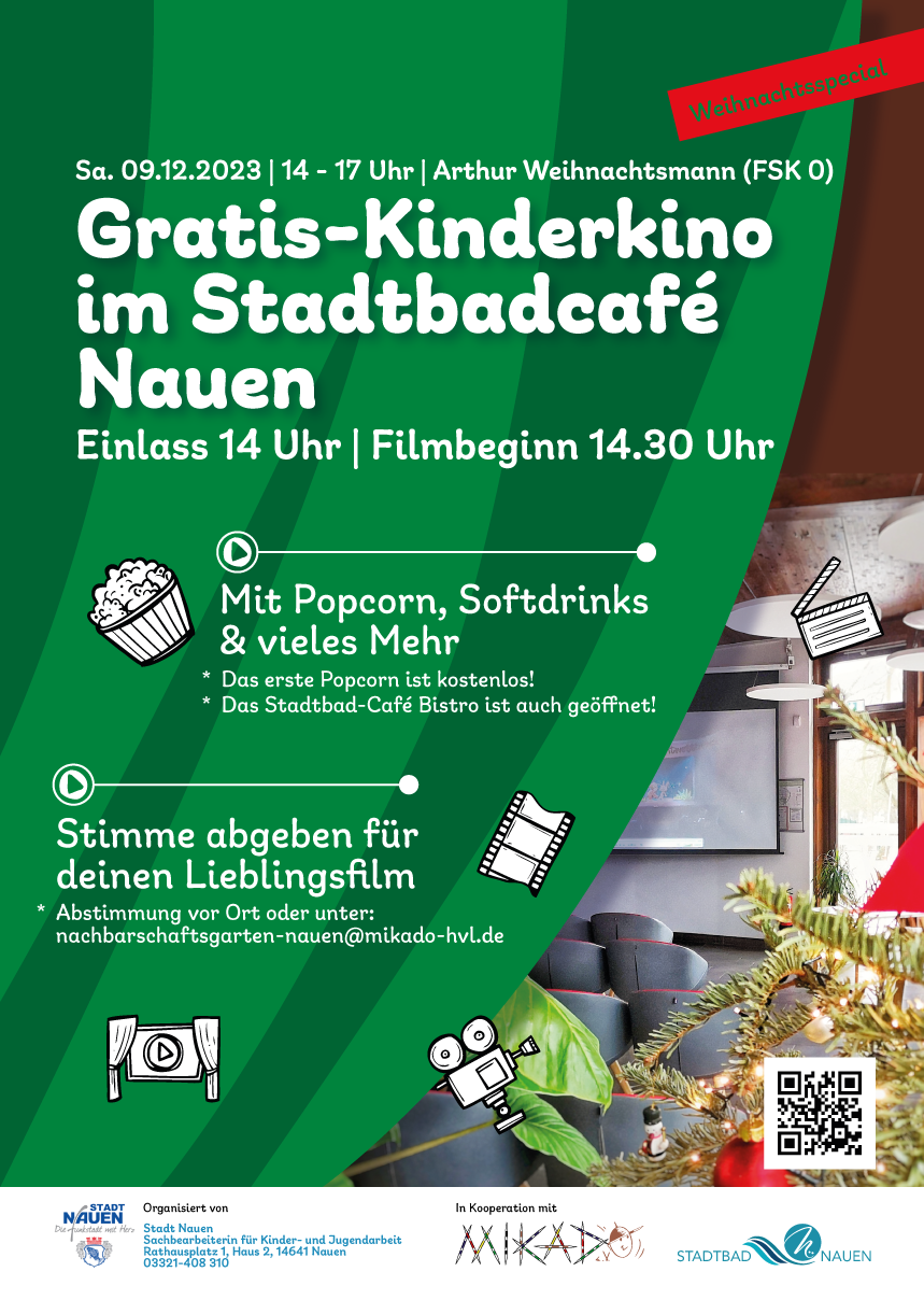 Gratis-Kinderkino Weihnachtsspecial am 09.12.2023 im Stadtbadcafé Nauen