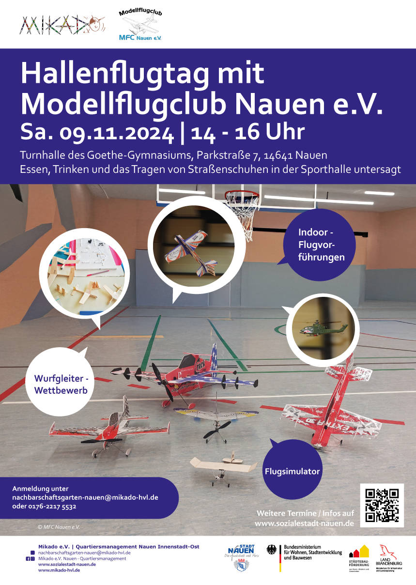 Hallenflugtag mit Modellflugclub Nauen am 9.11.24 von 14 bis 16 Uhr