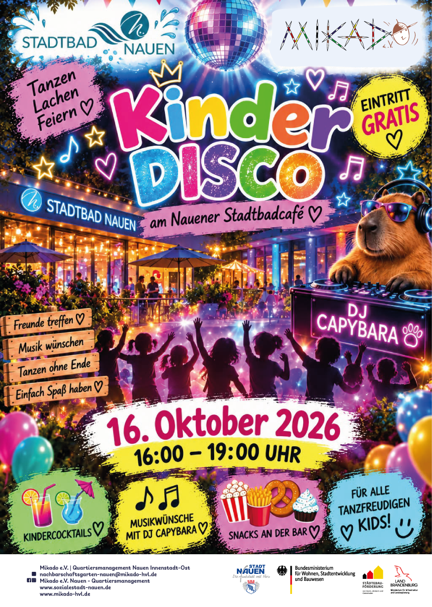 Kinderdisco am 16.10.2026 im Nauener Stadtbadcafé